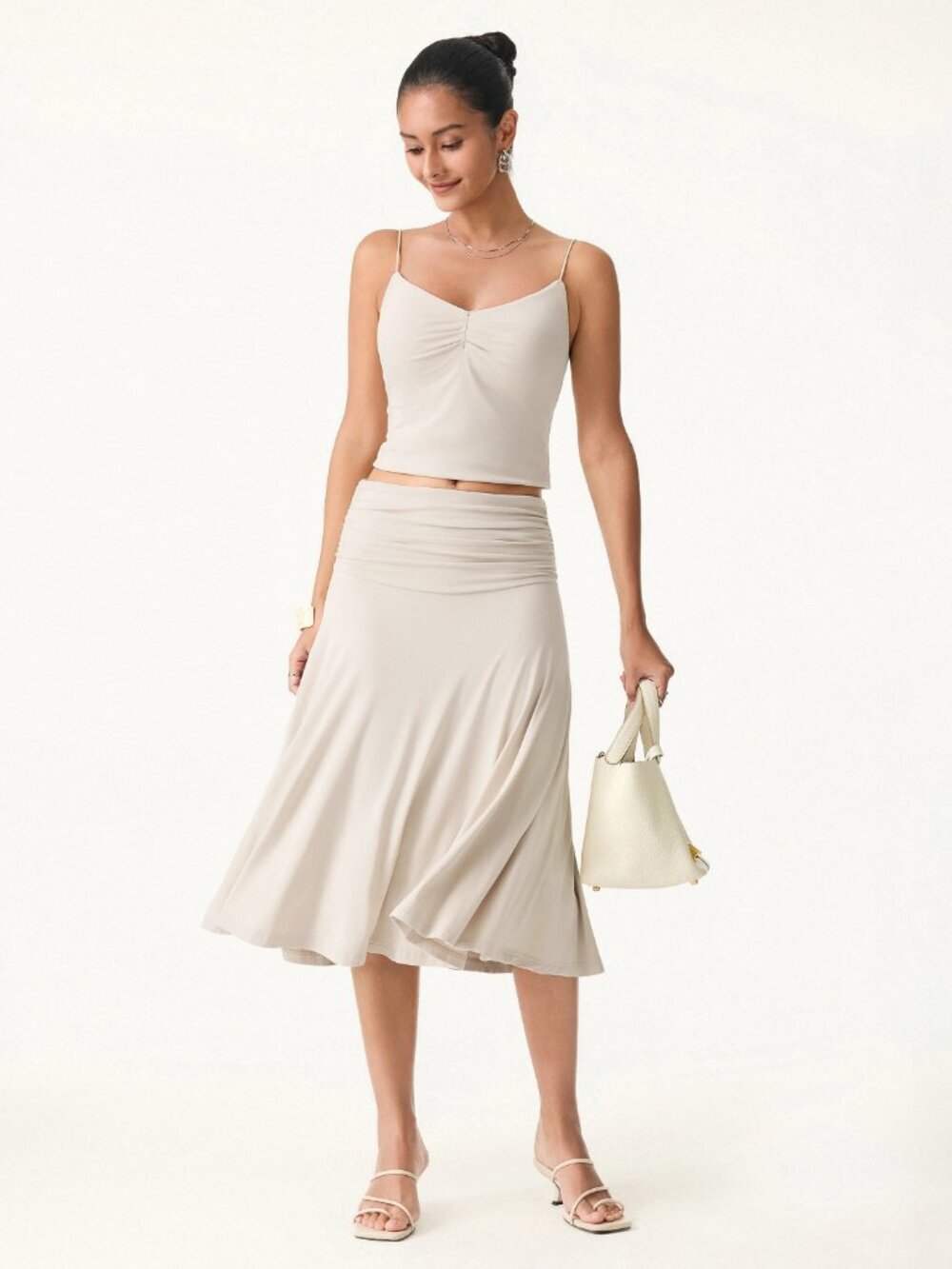 NWT OGL Eco-SkinKiss® Flowy Side Ruched A-line Midi Skirt Fog S